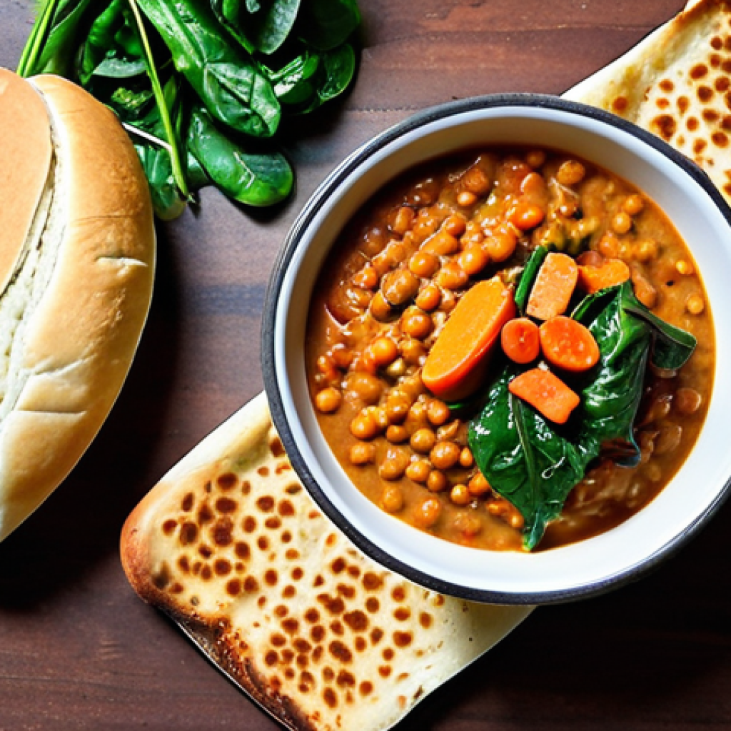 A hearty lentil stew with coconut milk, featuring red lentils, curry paste, and colorful vegetables like carrots and spinach, served with naan bread.
