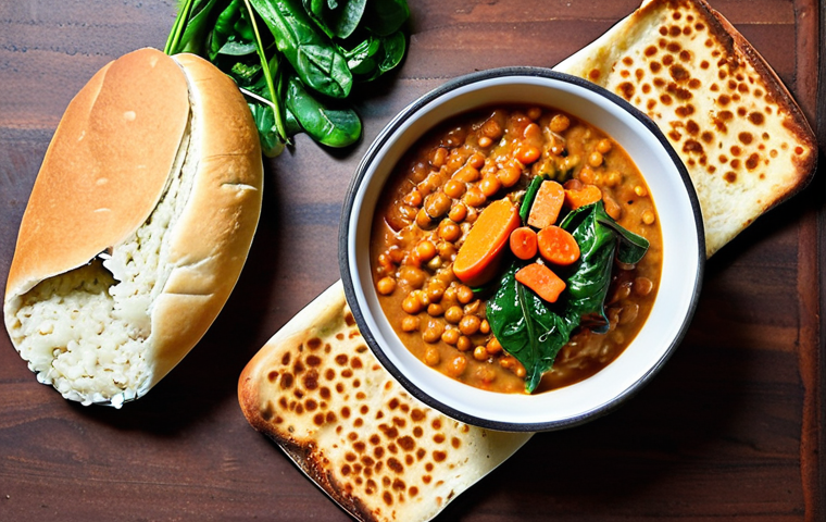 A hearty lentil stew with coconut milk, featuring red lentils, curry paste, and colorful vegetables like carrots and spinach, served with naan bread.