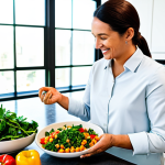 An adult person, fully clothed in modest, comfortable, professional attire, stands in a bright, modern kitchen. They are gently placing fresh, colorful vegetables like spinach, bell peppers, and chickpeas into a large, inviting salad bowl. The kitchen counter is clean, well-lit by natural light, and features neatly arranged fresh produce, herbs, and whole grains, emphasizing healthy eating. The scene conveys a sense of well-being, mindfulness, and the joy of preparing a nutritious, plant-based meal. Perfect anatomy, correct proportions, natural pose, well-formed hands, proper finger count. Professional photography, high quality, safe for work, appropriate content, fully clothed, family-friendly.