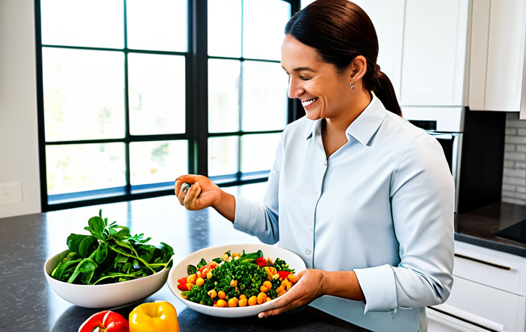 An adult person, fully clothed in modest, comfortable, professional attire, stands in a bright, modern kitchen. They are gently placing fresh, colorful vegetables like spinach, bell peppers, and chickpeas into a large, inviting salad bowl. The kitchen counter is clean, well-lit by natural light, and features neatly arranged fresh produce, herbs, and whole grains, emphasizing healthy eating. The scene conveys a sense of well-being, mindfulness, and the joy of preparing a nutritious, plant-based meal. Perfect anatomy, correct proportions, natural pose, well-formed hands, proper finger count. Professional photography, high quality, safe for work, appropriate content, fully clothed, family-friendly.