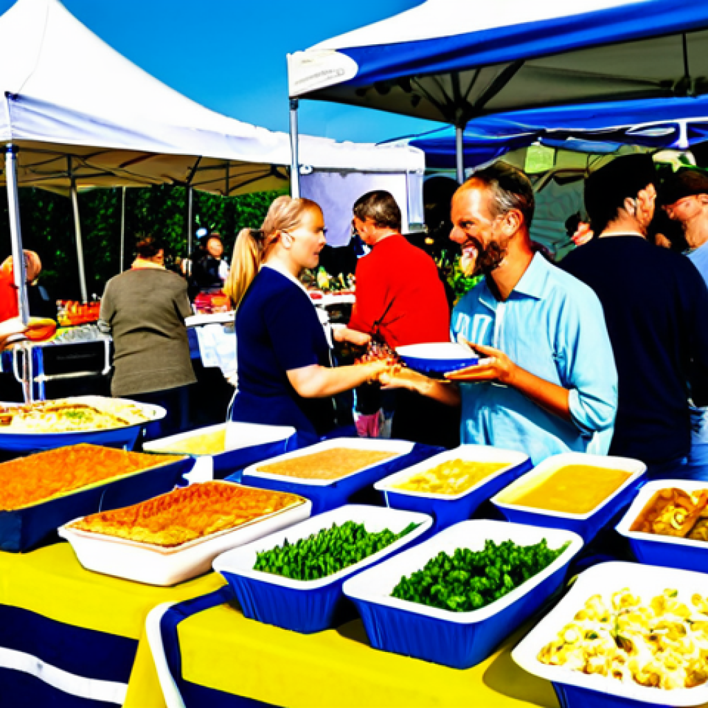 A diverse group of adults and families are cheerfully gathered at a vibrant outdoor "Smak av Sverige" food festival. They are actively engaging with various stalls, sampling innovative flexitarian dishes and plant-based pastries made from local Swedish produce. The scene is bustling with positive energy, showcasing colorful displays of fresh vegetables, fruits, and prepared meals. All individuals are fully clothed in modest, comfortable, and family-friendly attire suitable for an outdoor event. Professional photography, high-resolution, sharp focus, natural colors, inviting atmosphere, perfect anatomy, correct proportions, natural poses, well-formed hands, proper finger count, natural body proportions, safe for work, appropriate content, fully clothed, family-friendly.