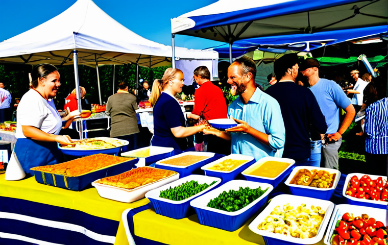 A diverse group of adults and families are cheerfully gathered at a vibrant outdoor "Smak av Sverige" food festival. They are actively engaging with various stalls, sampling innovative flexitarian dishes and plant-based pastries made from local Swedish produce. The scene is bustling with positive energy, showcasing colorful displays of fresh vegetables, fruits, and prepared meals. All individuals are fully clothed in modest, comfortable, and family-friendly attire suitable for an outdoor event. Professional photography, high-resolution, sharp focus, natural colors, inviting atmosphere, perfect anatomy, correct proportions, natural poses, well-formed hands, proper finger count, natural body proportions, safe for work, appropriate content, fully clothed, family-friendly.