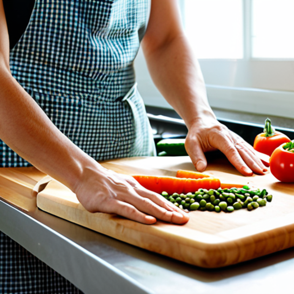 Cozy Kitchen Scene**

"A bright and inviting kitchen interior. A person wearing an apron and comfortable clothing is preparing a vegetarian meal, chopping vegetables on a wooden cutting board. Various colorful vegetables and legumes are visible. Sunlight streams through a window. Focus on fresh, healthy ingredients. safe for work, appropriate content, fully clothed, family-friendly, professional photography, perfect anatomy, correct proportions, natural pose, well-formed hands, proper finger count, natural body proportions."

**