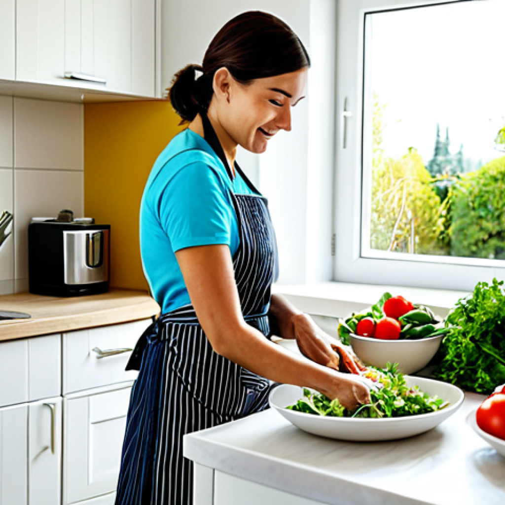 Kitchen Scene**

"A bright and airy kitchen scene, featuring a woman preparing a colorful salad with fresh, seasonal vegetables. She is wearing a modest apron and casual clothing. The kitchen has modern appliances and a view of a garden. Safe for work, appropriate content, fully clothed, professional photography, perfect anatomy, natural proportions, family-friendly, well-lit."

**