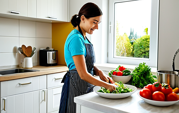 Kitchen Scene**

"A bright and airy kitchen scene, featuring a woman preparing a colorful salad with fresh, seasonal vegetables. She is wearing a modest apron and casual clothing. The kitchen has modern appliances and a view of a garden. Safe for work, appropriate content, fully clothed, professional photography, perfect anatomy, natural proportions, family-friendly, well-lit."

**