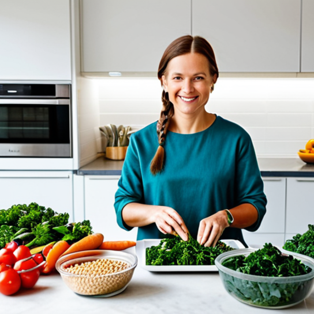 Flexitarian Meal Prep**

"A bright and inviting kitchen scene featuring a person preparing colorful and healthy meal prep containers, filled with vegetables, legumes, and grains. Focus on fresh, seasonal Swedish ingredients like root vegetables, kale, and berries. Fully clothed, appropriate attire. safe for work. perfect anatomy, natural proportions, professional food photography, high quality, modest. Family-friendly."

**