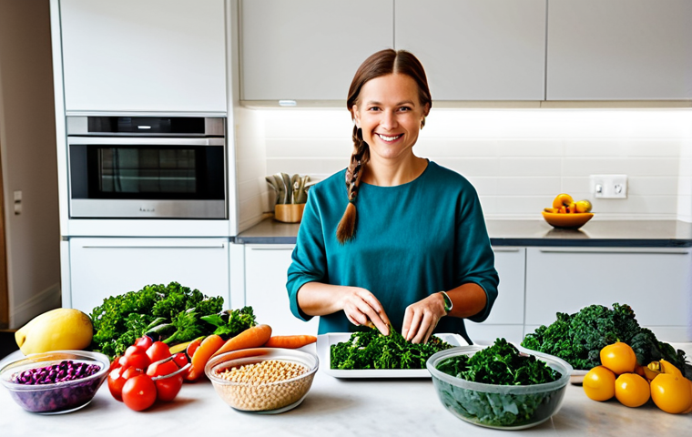 Flexitarian Meal Prep**

"A bright and inviting kitchen scene featuring a person preparing colorful and healthy meal prep containers, filled with vegetables, legumes, and grains. Focus on fresh, seasonal Swedish ingredients like root vegetables, kale, and berries. Fully clothed, appropriate attire. safe for work. perfect anatomy, natural proportions, professional food photography, high quality, modest. Family-friendly."

**