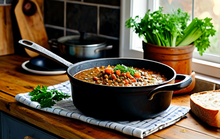 Lentil Stew in a Rustic Kitchen**

A hearty lentil stew simmering in a cast iron pot on a rustic stovetop in a cozy kitchen. The stew contains lentils, carrots, celery, and herbs. Crusty bread and a wooden spoon are next to the pot. Safe for work, appropriate content, fully clothed, modest kitchen setting, professional food styling, perfect anatomy, natural proportions, family-friendly, high quality.

**
