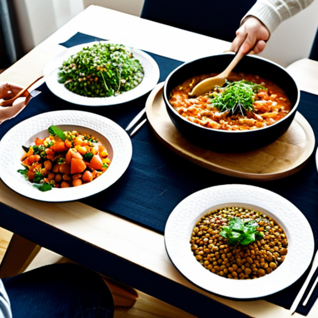 플렉시테리언 식단의 새로운 트렌드 분석 - Flexitarian Family Meal**

A family gathered around a dining table in a modern Swedish home, enjoyin...