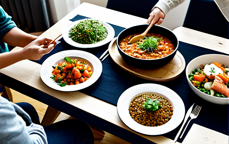 플렉시테리언 식단의 새로운 트렌드 분석 - Flexitarian Family Meal**

A family gathered around a dining table in a modern Swedish home, enjoyin...