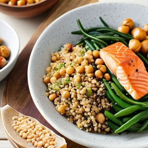 플렉시테리언 식단의 건강한 단백질 선택 - A vibrant and inviting flat lay photograph of a balanced flexitarian lunch spread on a light wooden ...