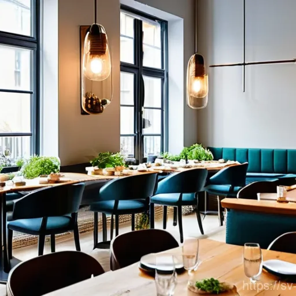 플렉시테리언 식단으로 외식하기 - **Prompt:** A vibrant, modern Swedish restaurant interior, bathed in warm, inviting light. Diverse g...