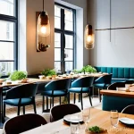 플렉시테리언 식단으로 외식하기 - **Prompt:** A vibrant, modern Swedish restaurant interior, bathed in warm, inviting light. Diverse g...