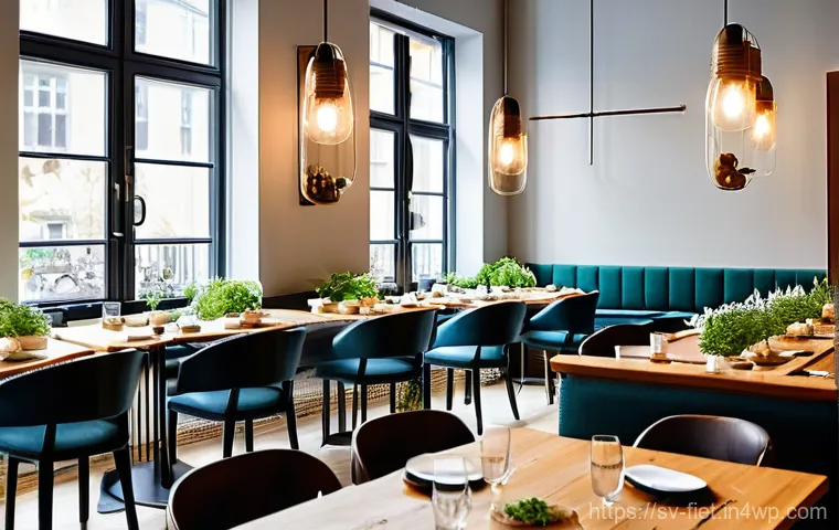 플렉시테리언 식단으로 외식하기 - **Prompt:** A vibrant, modern Swedish restaurant interior, bathed in warm, inviting light. Diverse g...