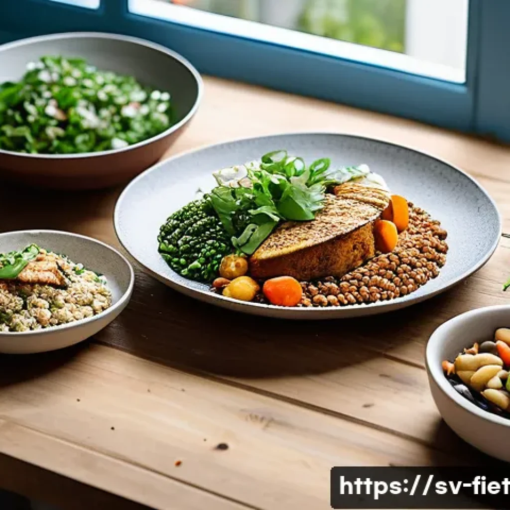플렉시테리언 식단의 지속 가능성 - A vibrant Scandinavian kitchen scene featuring a diverse flexitarian meal spread on a rustic wooden ...