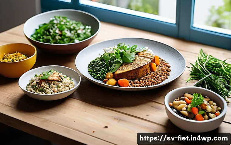 플렉시테리언 식단의 지속 가능성 - A vibrant Scandinavian kitchen scene featuring a diverse flexitarian meal spread on a rustic wooden ...