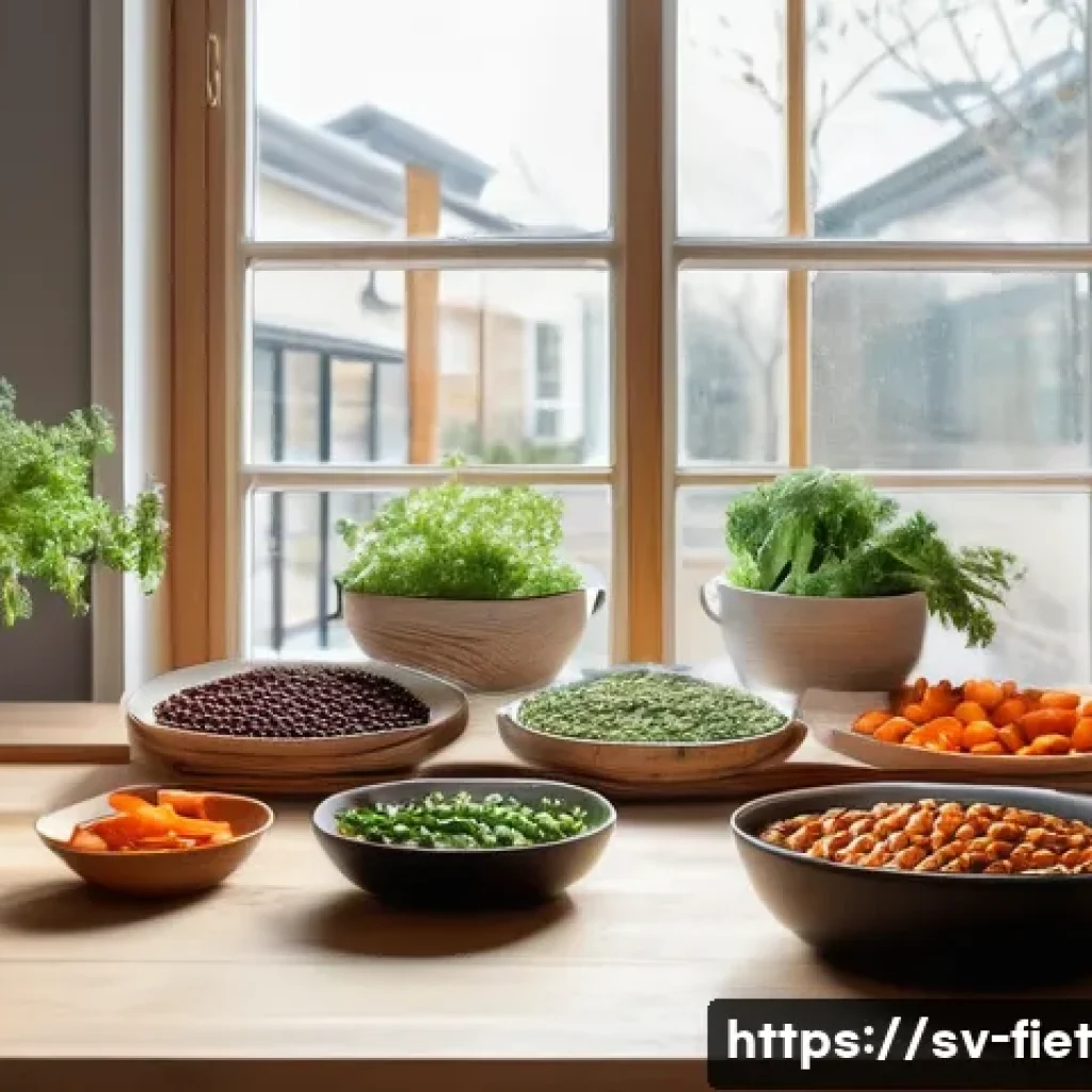 플렉시테리언 식단의 경제적 장점 - A cozy Scandinavian kitchen scene featuring a wooden dining table set for a flexitarian meal, showca...
