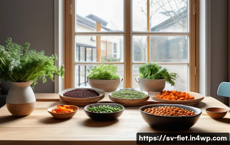 플렉시테리언 식단의 경제적 장점 - A cozy Scandinavian kitchen scene featuring a wooden dining table set for a flexitarian meal, showca...