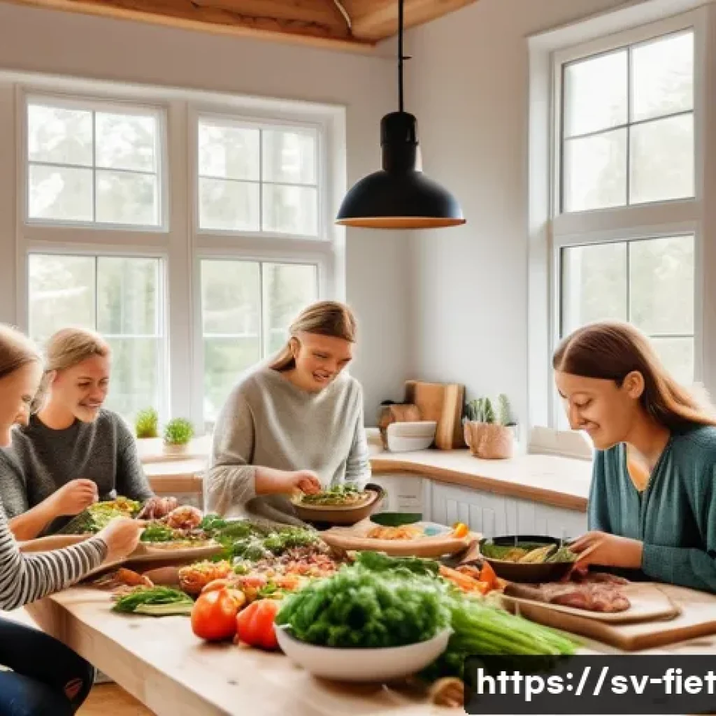 플렉시테리언 식단의 사회적 책임 - A vibrant Swedish kitchen scene featuring a diverse group of adults and teenagers preparing a flexit...