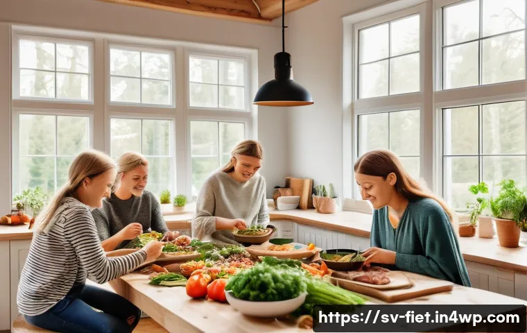 플렉시테리언 식단의 사회적 책임 - A vibrant Swedish kitchen scene featuring a diverse group of adults and teenagers preparing a flexit...
