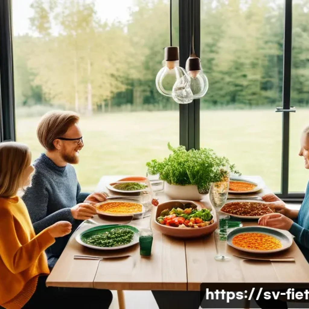 플렉시테리언 식단의 세계적인 인기 원인 - A vibrant Swedish family dinner scene in a modern Scandinavian-style dining room, showcasing a flexi...