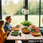 Home 22 플렉시테리언 식단의 세계적인 인기 원인 - A vibrant Swedish family dinner scene in a modern Scandinavian-style dining room, showcasing a flexi...