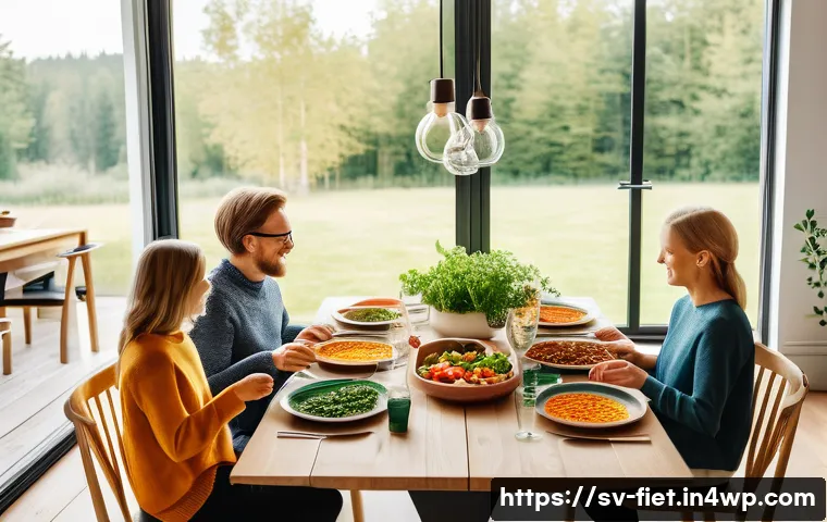 플렉시테리언 식단의 세계적인 인기 원인 - A vibrant Swedish family dinner scene in a modern Scandinavian-style dining room, showcasing a flexi...