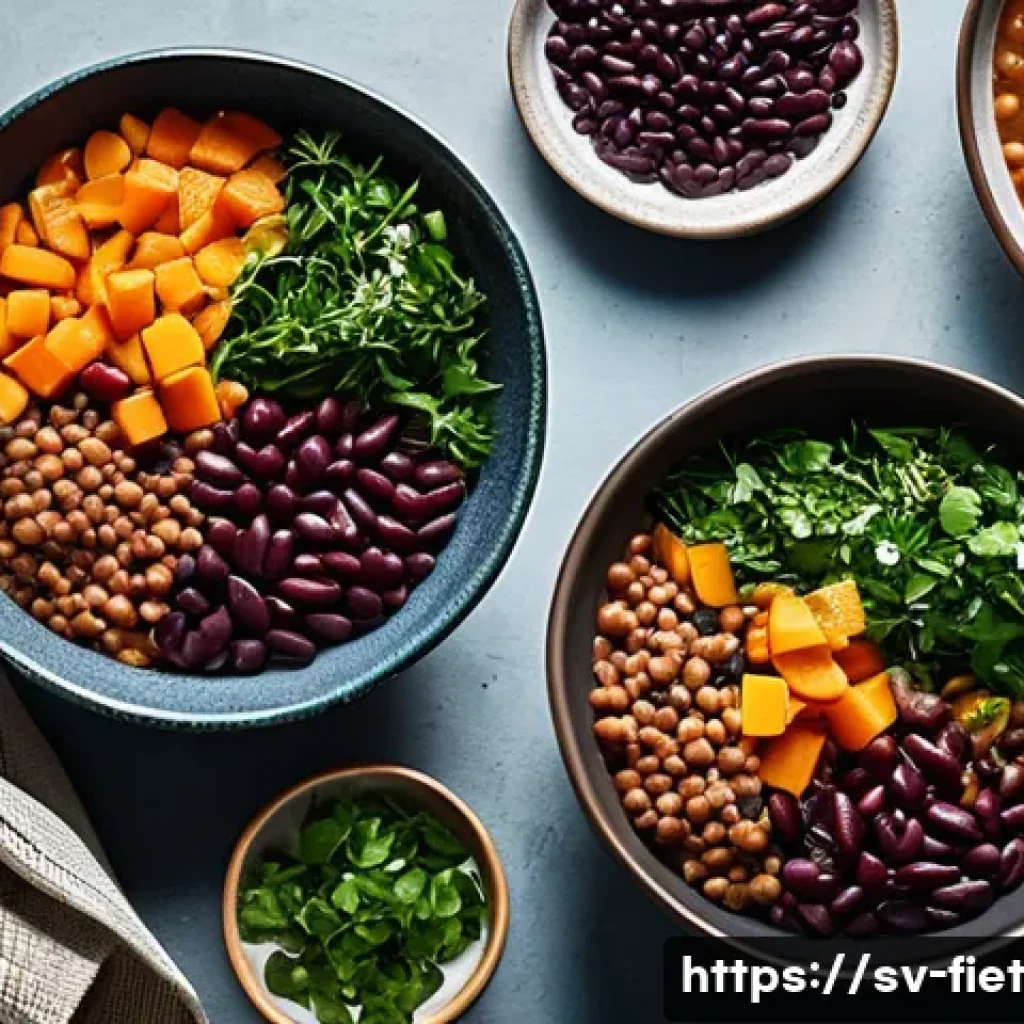 플렉시테리언 식단에서의 식사 대체 식품 - A vibrant Scandinavian kitchen scene featuring a rustic wooden table laid out with various plant-bas...