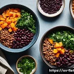 Home 21 플렉시테리언 식단에서의 식사 대체 식품 - A vibrant Scandinavian kitchen scene featuring a rustic wooden table laid out with various plant-bas...