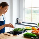 Home 19 플렉시테리언 식단을 위한 영양 보충제 추천 - A bright, modern Scandinavian kitchen scene featuring a young adult woman preparing a balanced flexi...
