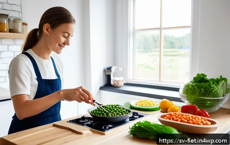 플렉시테리언 식단을 위한 영양 보충제 추천 - A bright, modern Scandinavian kitchen scene featuring a young adult woman preparing a balanced flexi...