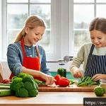 Home 18 플렉시테리언 식단의 식사 준비 팁 - A bright and cozy Scandinavian kitchen scene featuring a family cooking together around a wooden tab...