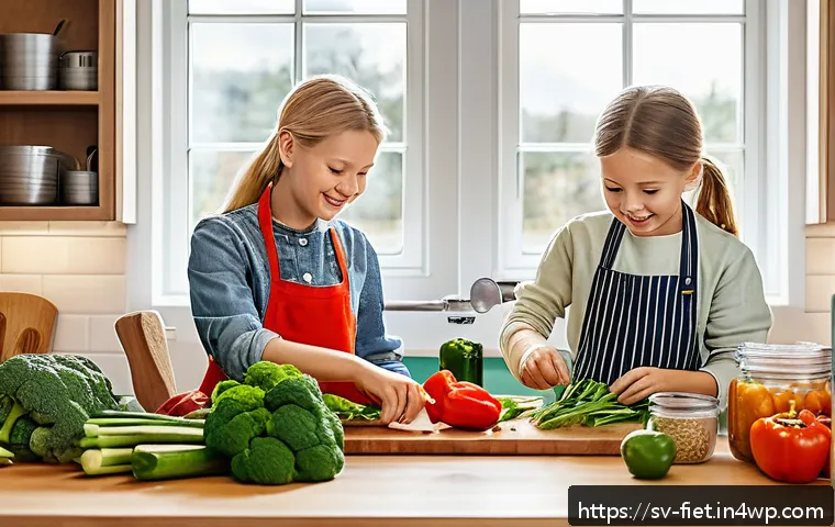 플렉시테리언 식단의 식사 준비 팁 - A bright and cozy Scandinavian kitchen scene featuring a family cooking together around a wooden tab...