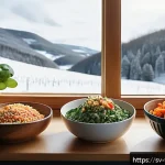 Home 23 플렉시테리언 식단과 식사 시기 조절 - A vibrant, cozy Scandinavian kitchen scene showcasing a healthy flexitarian meal preparation: a wood...