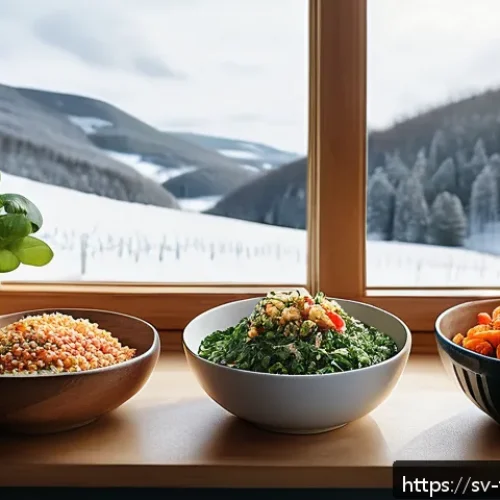 Home 17 플렉시테리언 식단과 식사 시기 조절 - A vibrant, cozy Scandinavian kitchen scene showcasing a healthy flexitarian meal preparation: a wood...