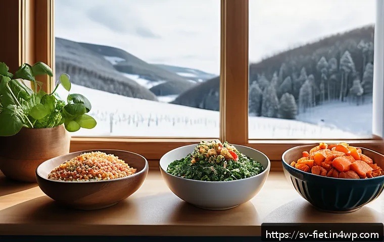 플렉시테리언 식단과 식사 시기 조절 - A vibrant, cozy Scandinavian kitchen scene showcasing a healthy flexitarian meal preparation: a wood...