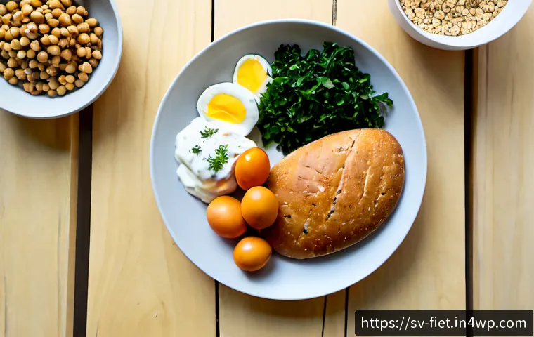 Home 17 플렉시테리언 식단의 필수 식품군 - Photorealistic overhead view of a Swedish flexitarian meal ingredients arranged neatly on a pale woo...