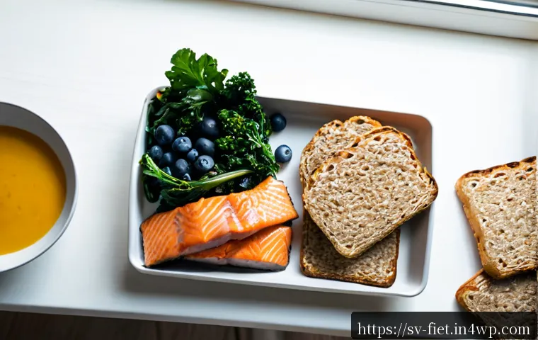 Home 17 플렉시테리언 식단과 면역력 강화 - Photorealistic Nordic flexitarian lunch in a bright Swedish home kitchen: grilled salmon, lentil sal...